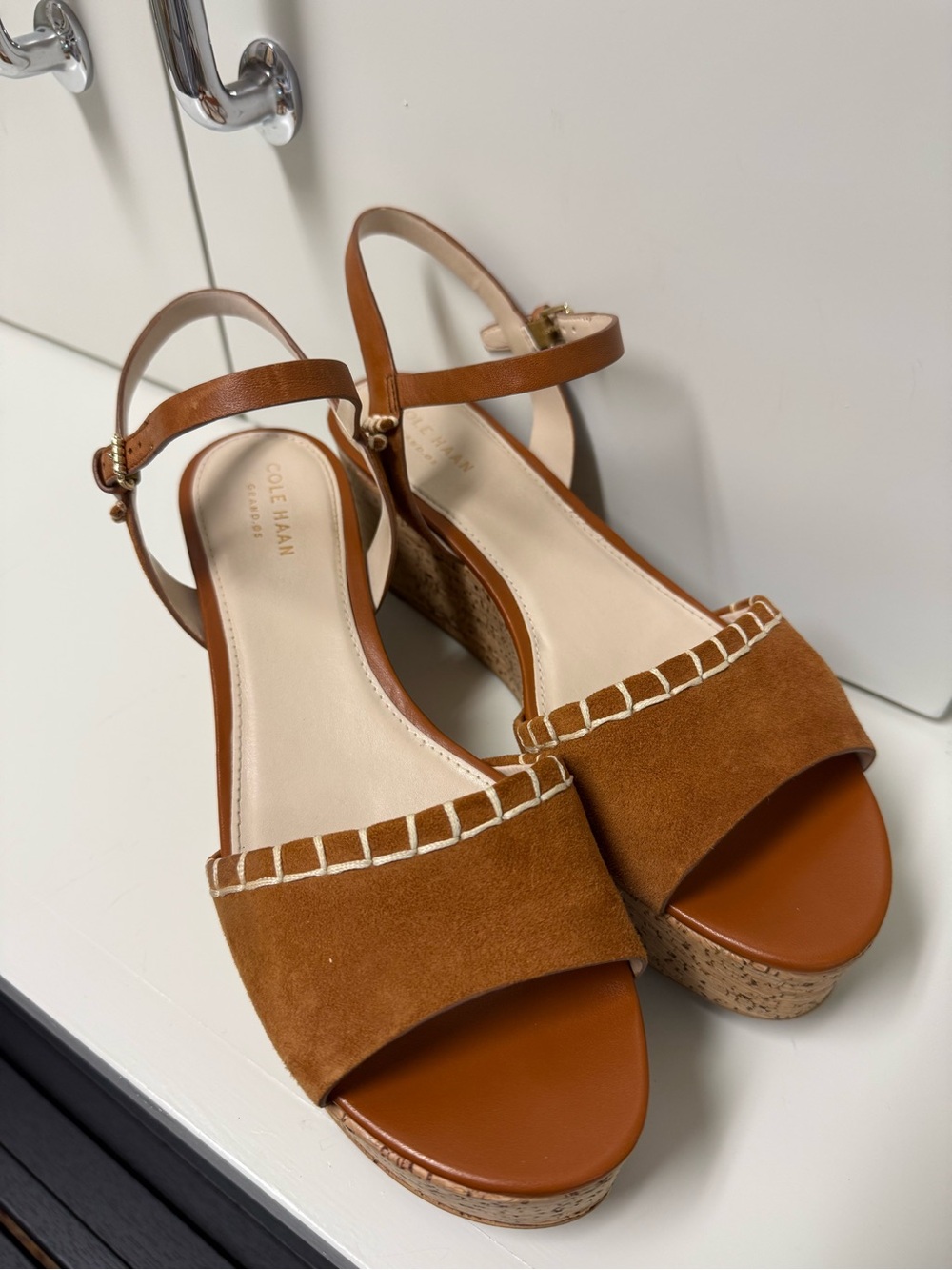 Cole Haan Brown Suede Cork Wedge Sandals with Ankle Strap